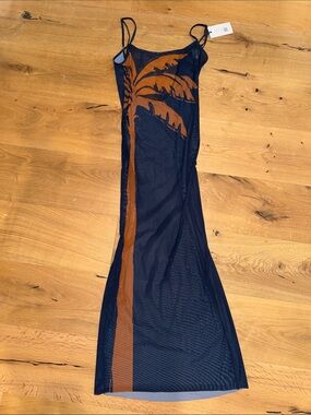WeWoreWhat Navy Blue Mesh Palm Tree Coverup with Brown Print